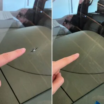 Kleiner Steinschlag in der Scheibe vorher markiert und nachher nicht mehr zu sehen