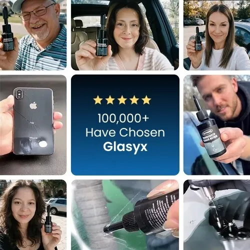 Bildraster mit Kundinnen und Kunden, die ihr Glasyx Fläschchen halten, in der Mitte eine Fünf-Sterne-Kachel