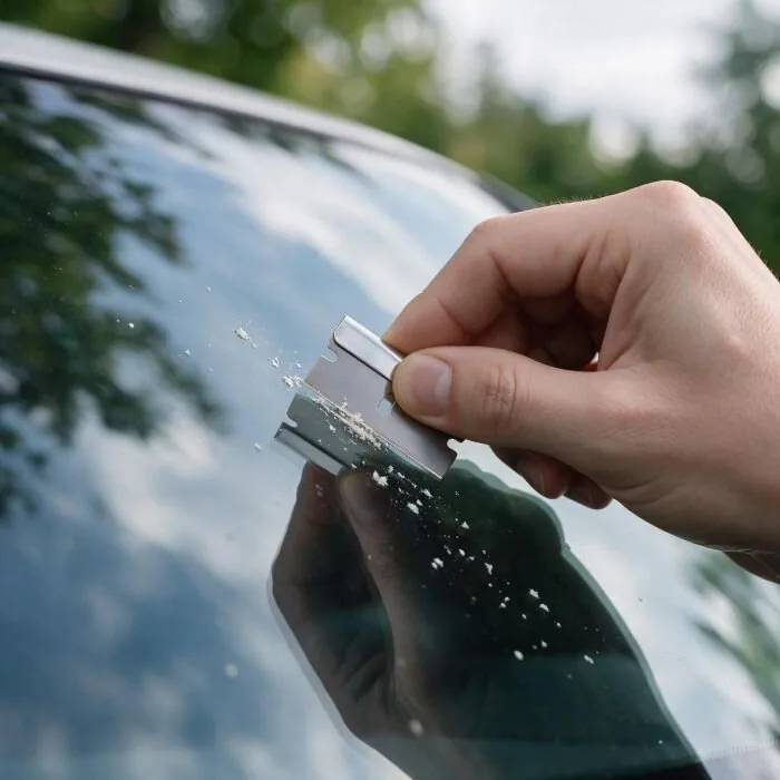 Hand schabt ausgehärtetes Harz mit der beiliegenden flachen Klinge von der Windschutzscheibe